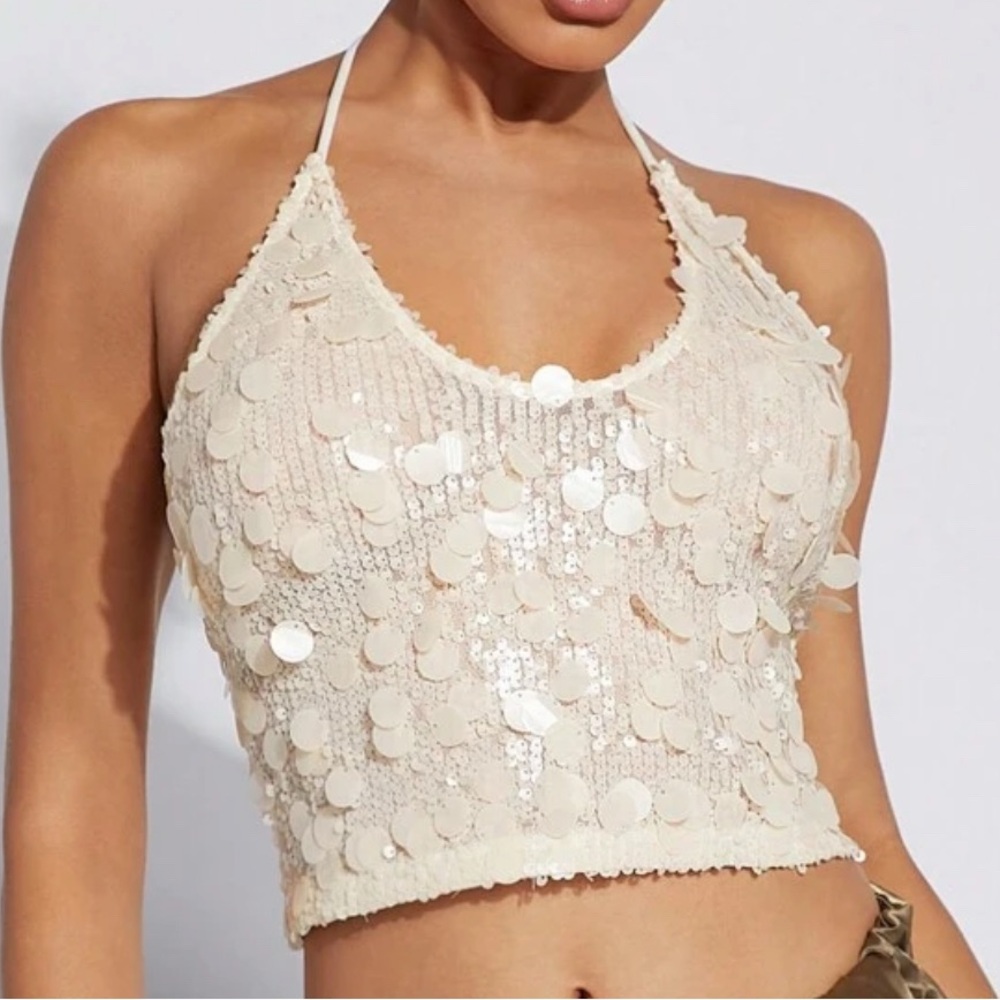 Sequin Halter Top - Cream